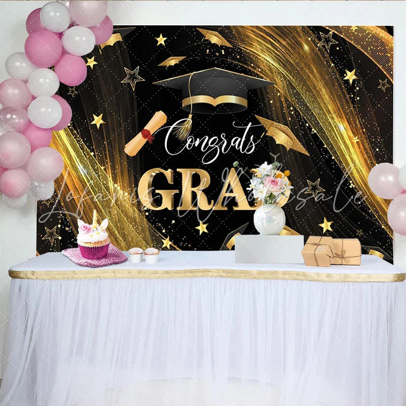 Lofaris Black Gold Glitter Graduation Backdrop with Congrats GRAD and Cap Elegant Photo Booth Background for Class of 2024 Party Decor