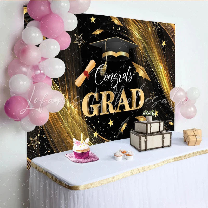 Lofaris Black Gold Glitter Graduation Backdrop with Congrats GRAD and Cap Elegant Photo Booth Background for Class of 2024 Party Decor