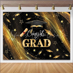 Lofaris Black Gold Glitter Graduation Backdrop with Congrats GRAD and Cap Elegant Photo Booth Background for Class of 2024 Party Decor