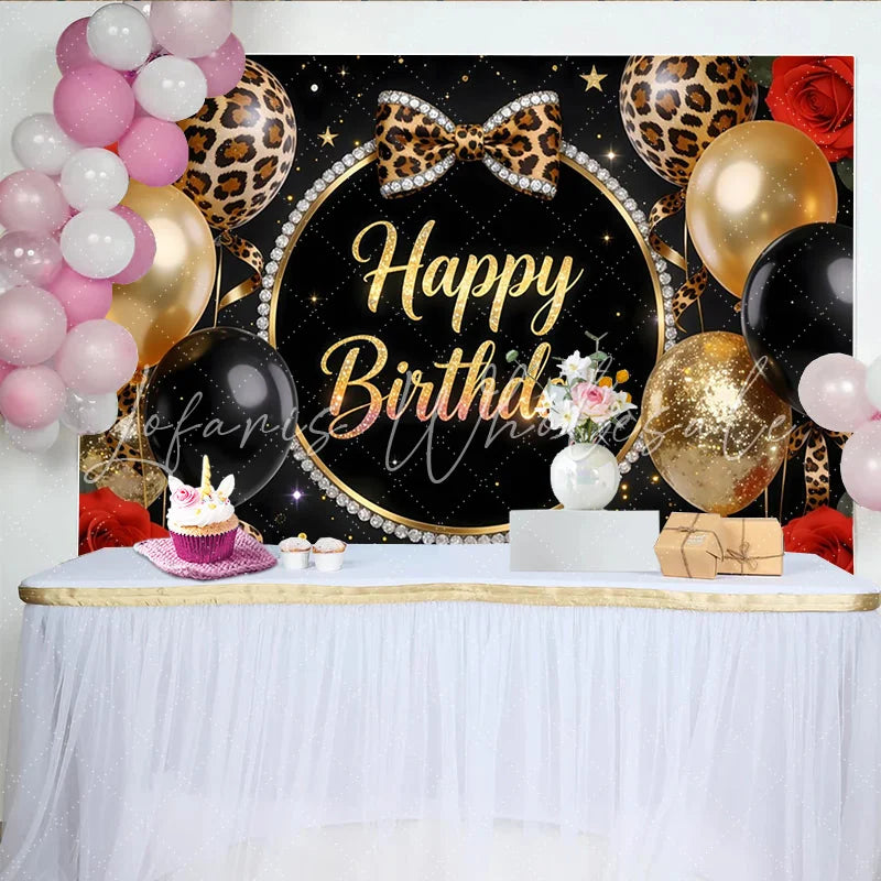 Lofaris Black Gold Leopard Print Happy Birthday Backdrop with Balloons Elegant Party Decor for Women Girls Birthday Celebration