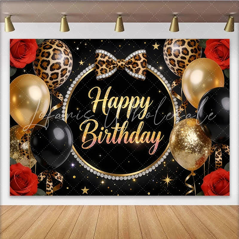 Lofaris Black Gold Leopard Print Happy Birthday Backdrop with Balloons Elegant Party Decor for Women Girls Birthday Celebration