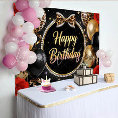 Lofaris Black Gold Leopard Print Happy Birthday Backdrop with Balloons Elegant Party Decor for Women Girls Birthday Celebration