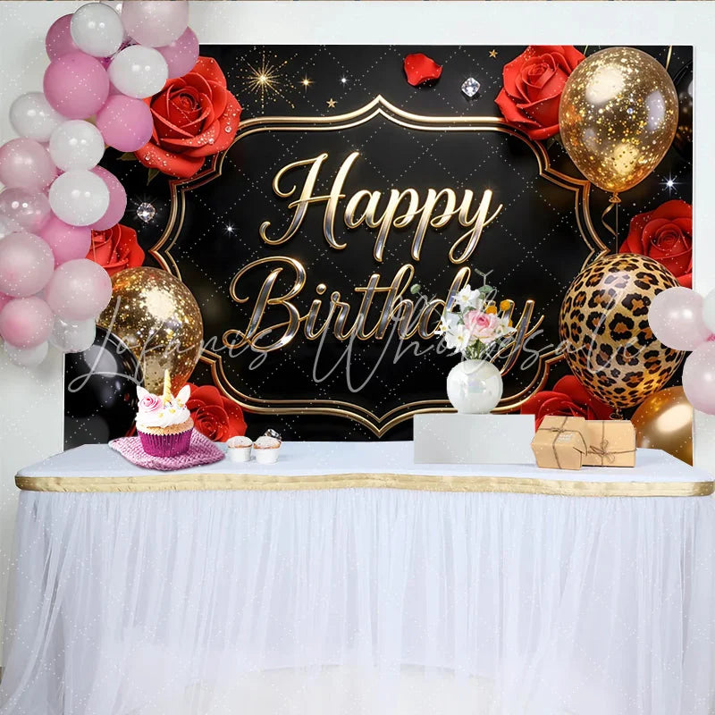 Lofaris Black Gold Red Rose Birthday Backdrop with Glitter Balloons and Leopard Print Elegant Party Background for Women