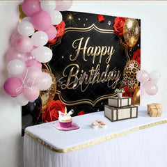 Lofaris Black Gold Red Rose Birthday Backdrop with Glitter Balloons and Leopard Print Elegant Party Background for Women