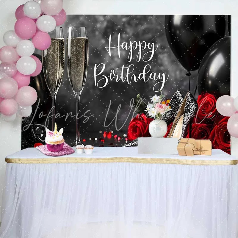 Lofaris Black Red and Gold Happy Birthday Backdrop with Champagne Glitter Heels and Roses for Elegant Party Celebration