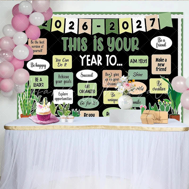 Lofaris Black ’This Is Your Year To’ Photography Backdrop with Green Plants Inspirational Quote Background for Classroom Decor or Studio