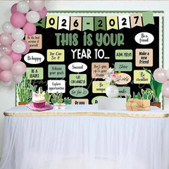 Lofaris Black ’This Is Your Year To’ Photography Backdrop with Green Plants Inspirational Quote Background for Classroom Decor or Studio