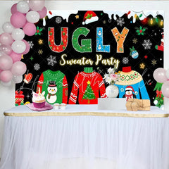 Lofaris Black Ugly Sweater Party Backdrop Neon Style Christmas Sweaters Photography Background Xmas Holiday Party Decoration Prop