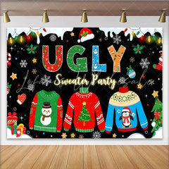 Lofaris Black Ugly Sweater Party Backdrop Neon Style Christmas Sweaters Photography Background Xmas Holiday Party Decoration Prop