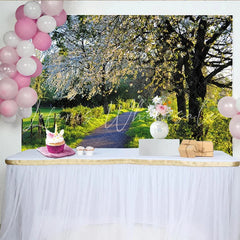 Lofaris Blooming Spring Path Photography Backdrop with Green Trees Natural Scenery Background for Outdoor Photoshoot
