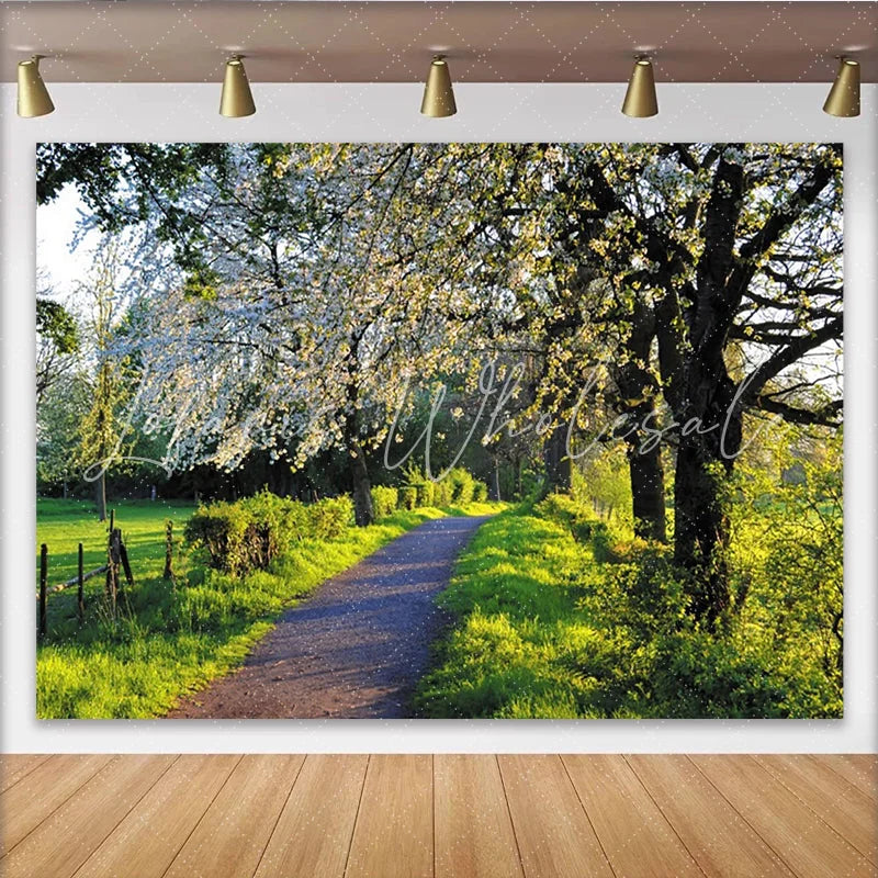 Lofaris Blooming Spring Path Photography Backdrop with Green Trees Natural Scenery Background for Outdoor Photoshoot