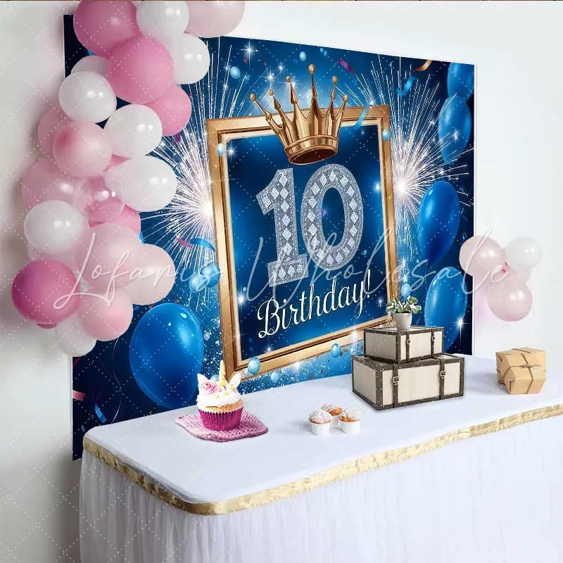 Lofaris Blue and Gold 10th Birthday Backdrop Fireworks and Balloons Sporty Boy Party Banner