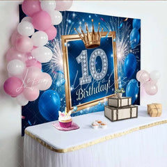 Lofaris Blue and Gold 10th Birthday Backdrop Fireworks and Balloons Sporty Boy Party Banner