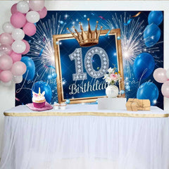 Lofaris Blue and Gold 10th Birthday Backdrop Fireworks and Balloons Sporty Boy Party Banner