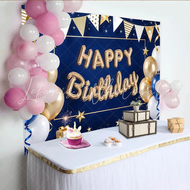 Lofaris Blue and Gold Balloon Happy Birthday Backdrop with Stars and Ribbons Elegant Party Decoration Background for Photography