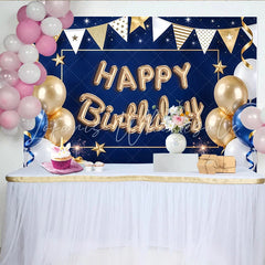 Lofaris Blue and Gold Balloon Happy Birthday Backdrop with Stars and Ribbons Elegant Party Decoration Background for Photography