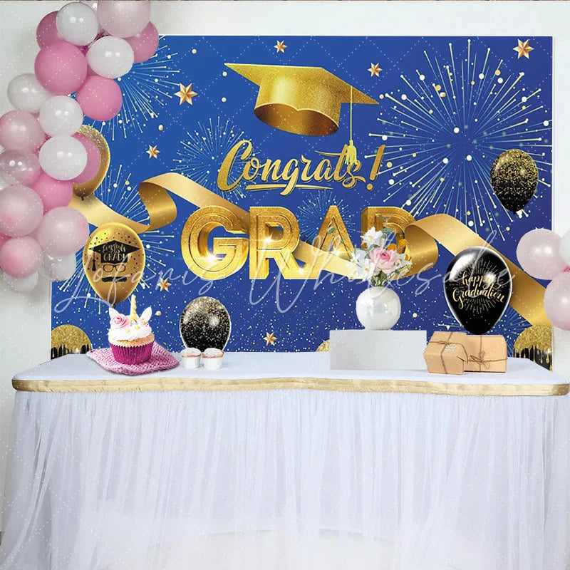 Lofaris Blue and Gold Congrats Grad Graduation Backdrop with Balloons Elegant Party Background for Ceremony Photoshoot