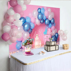 Lofaris Blue and Pink Balloon Arch Cake Smash Backdrop Floral Lantern Table Girl Boy Birthday Party Background