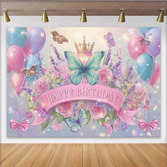 Lofaris Blue and Pink Butterfly Birthday Backdrop Floral Crown Sparkle Background Girl Fairy Princess Party Banner