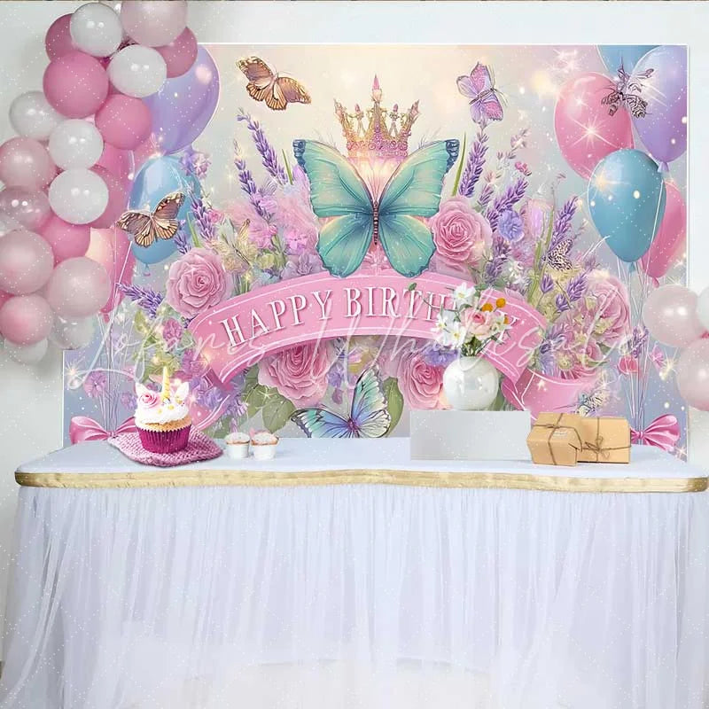 Lofaris Blue and Pink Butterfly Birthday Backdrop Floral Crown Sparkle Background Girl Fairy Princess Party Banner