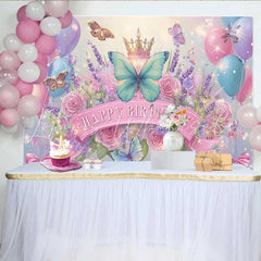Lofaris Blue and Pink Butterfly Birthday Backdrop Floral Crown Sparkle Background Girl Fairy Princess Party Banner