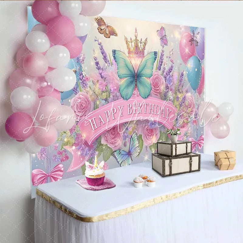 Lofaris Blue and Pink Butterfly Birthday Backdrop Floral Crown Sparkle Background Girl Fairy Princess Party Banner