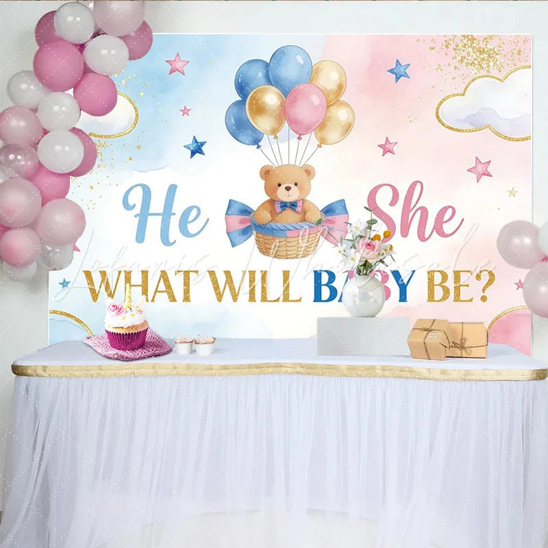 Lofaris Blue and Pink Gender Reveal Baby Shower Backdrop with Teddy Bear and Balloons Gold Glitter Party Decor for Photoshoot