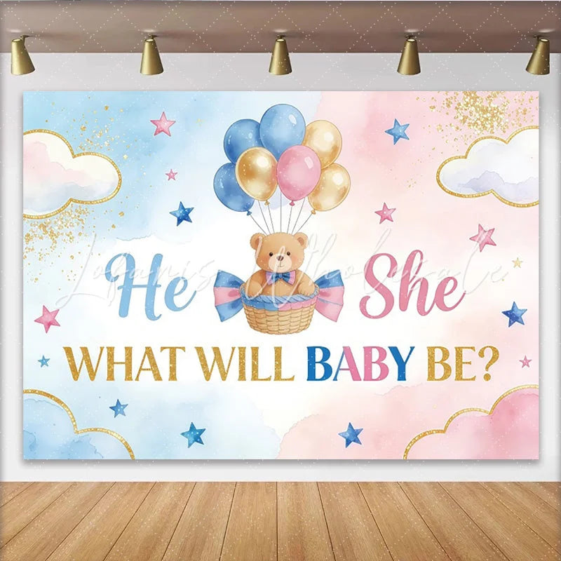 Lofaris Blue and Pink Gender Reveal Baby Shower Backdrop with Teddy Bear and Balloons Gold Glitter Party Decor for Photoshoot
