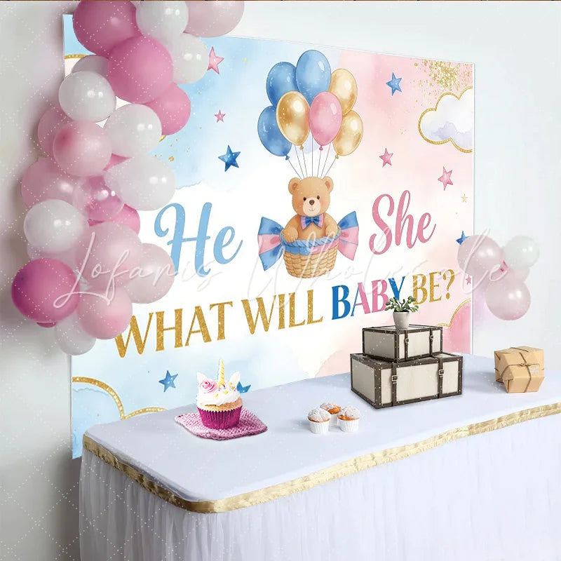 Lofaris Blue and Pink Gender Reveal Baby Shower Backdrop with Teddy Bear and Balloons Gold Glitter Party Decor for Photoshoot
