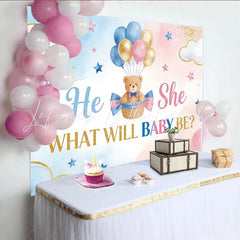 Lofaris Blue and Pink Gender Reveal Baby Shower Backdrop with Teddy Bear and Balloons Gold Glitter Party Decor for Photoshoot