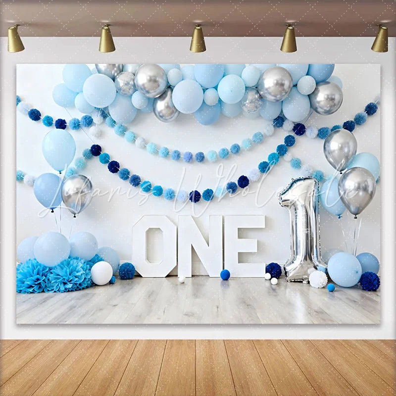 Lofaris Blue and Silver Balloon Birthday Cake Smash Backdrop ONE Sign and Pom Pom Garland Background