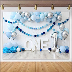 Lofaris Blue and Silver Balloon Birthday Cake Smash Backdrop ONE Sign and Pom Pom Garland Background