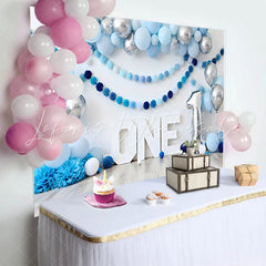Lofaris Blue and Silver Balloon Birthday Cake Smash Backdrop ONE Sign and Pom Pom Garland Background