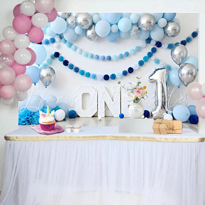 Lofaris Blue and Silver Balloon Birthday Cake Smash Backdrop ONE Sign and Pom Pom Garland Background