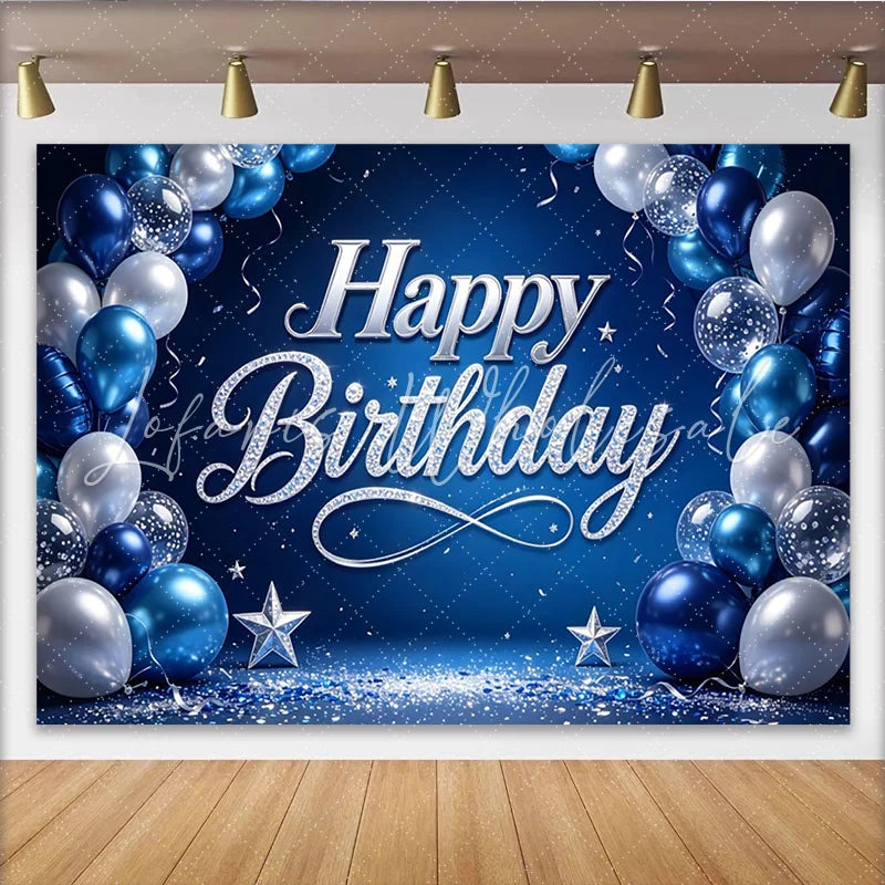 Lofaris Blue and Silver Balloon Happy Birthday Backdrop with Glitter Stars Elegant Party Background for Celebration Photography