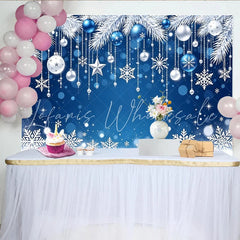 Lofaris Blue and White Christmas Backdrop with Ornaments and Snowflakes Sparkling Winter Holiday Background for Festive Photoshoot