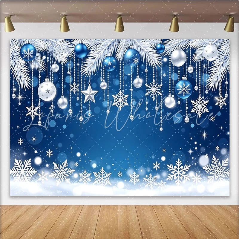 Lofaris Blue and White Christmas Backdrop with Ornaments and Snowflakes Sparkling Winter Holiday Background for Festive Photoshoot