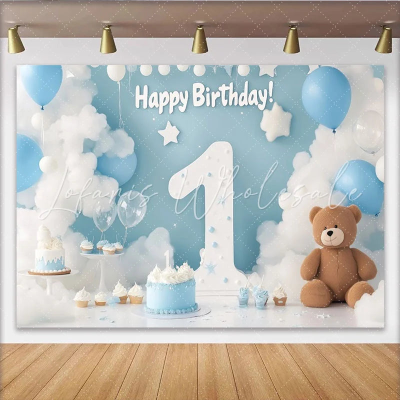 Lofaris Blue and White Clouds and Balloons Happy First Birthday Party Backdrop Number One Celebration Decor