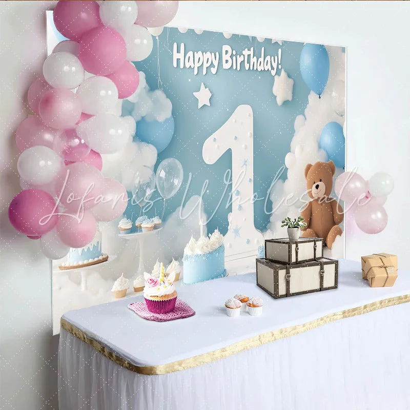Lofaris Blue and White Clouds and Balloons Happy First Birthday Party Backdrop Number One Celebration Decor