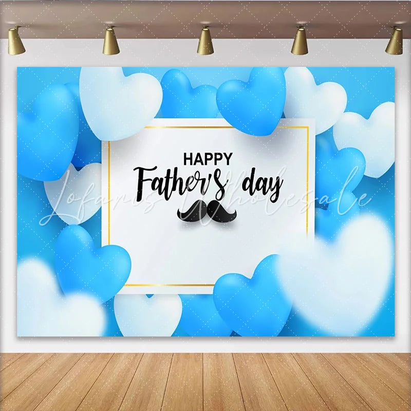 Lofaris Blue and White Heart Fathers Day Backdrop with Mustache Festive Party Decor for Celebration Photography
