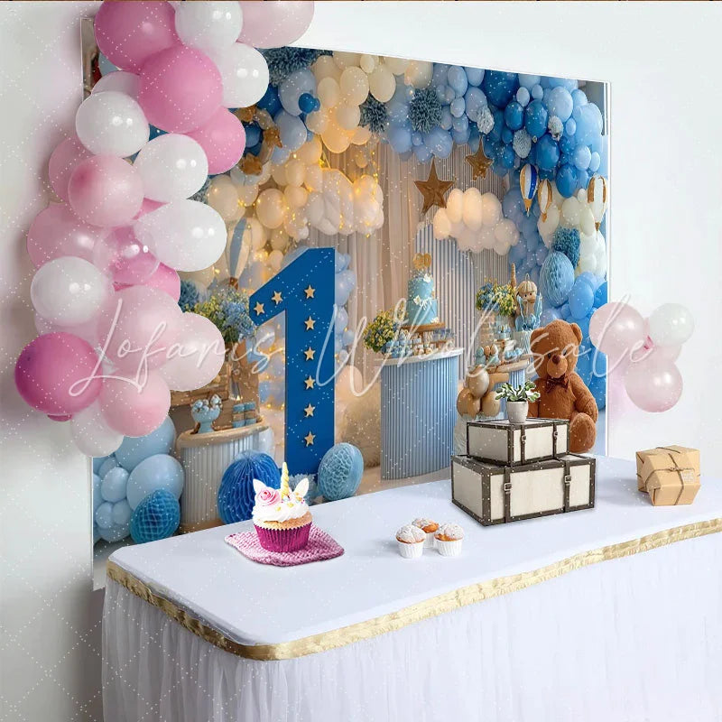 Lofaris Blue and White Hot Air Balloon First Birthday Party Backdrop Dreamy Sky Theme Celebration Decor
