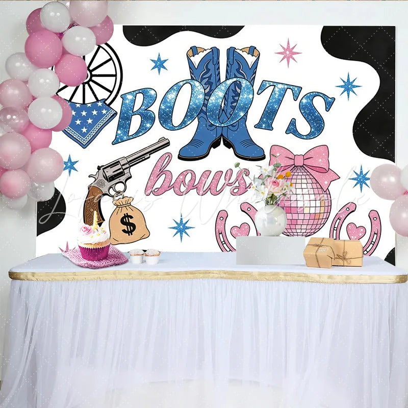 Lofaris Blue Boots and Pink Bows Baby Shower Backdrop with Cow Print Western Gender Reveal Party Photography Background