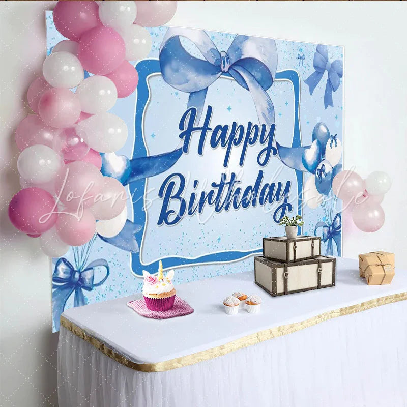 Lofaris Blue Bow Happy Birthday Backdrop Watercolor Balloons Diamonds Sparkle Background Boy Prince Party Cake Table Banner