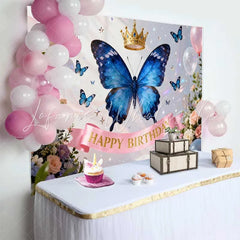 Lofaris Blue Butterfly and Golden Crown Happy Birthday Cake Smash Backdrop Elegant Floral Balloons Decor