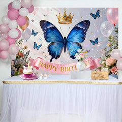 Lofaris Blue Butterfly and Golden Crown Happy Birthday Cake Smash Backdrop Elegant Floral Balloons Decor