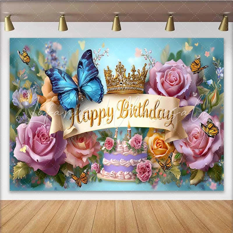 Lofaris Blue Butterfly Birthday Backdrop Gold Crown Floral Background Princess Cake Table Photography Prop