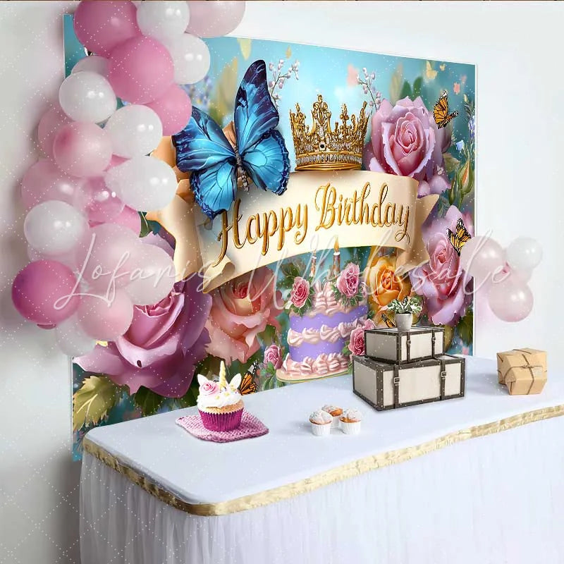 Lofaris Blue Butterfly Birthday Backdrop Gold Crown Floral Background Princess Cake Table Photography Prop