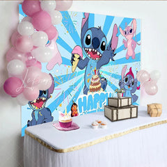 Lofaris Blue Cartoon Birthday Backdrop with Alien Characters Cake and Ice Cream Fun Party Decoration for Kids Photoshoot