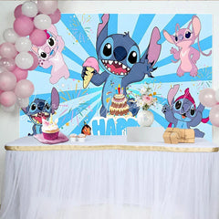 Lofaris Blue Cartoon Birthday Backdrop with Alien Characters Cake and Ice Cream Fun Party Decoration for Kids Photoshoot
