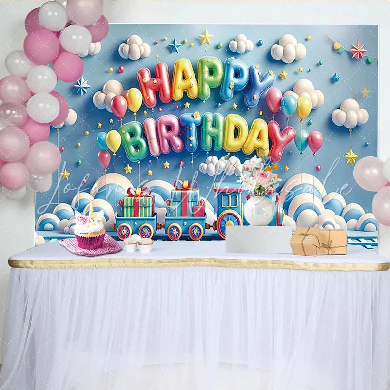 Lofaris Blue Cartoon Train Birthday Backdrop with Colorful Balloons and Gift Boxes Party Decor for Kids Photoshoot